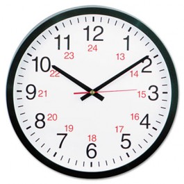 24-Hour Round Wall Clock, 12 1/2", Black