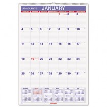 Recycled Monthly Wall Calendar, Blue and Red,15 1/2" x 22 3/4", 2013