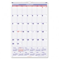 Recycled Monthly Wall Calendar, Blue and Red, 20" x 30", 2013