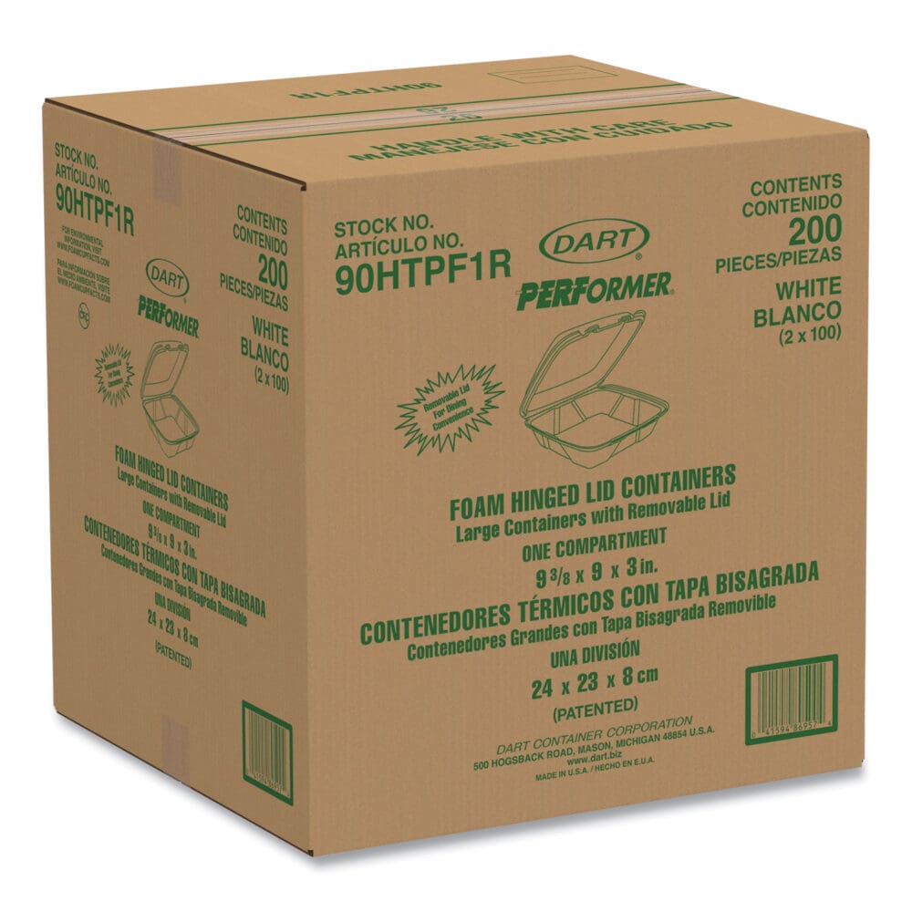 Foam Hinged Lid Container, Performer Perforated Lid, 9 x 9.4 x 3, White, 100/Bag, 2 Bag/Carton - Image 2