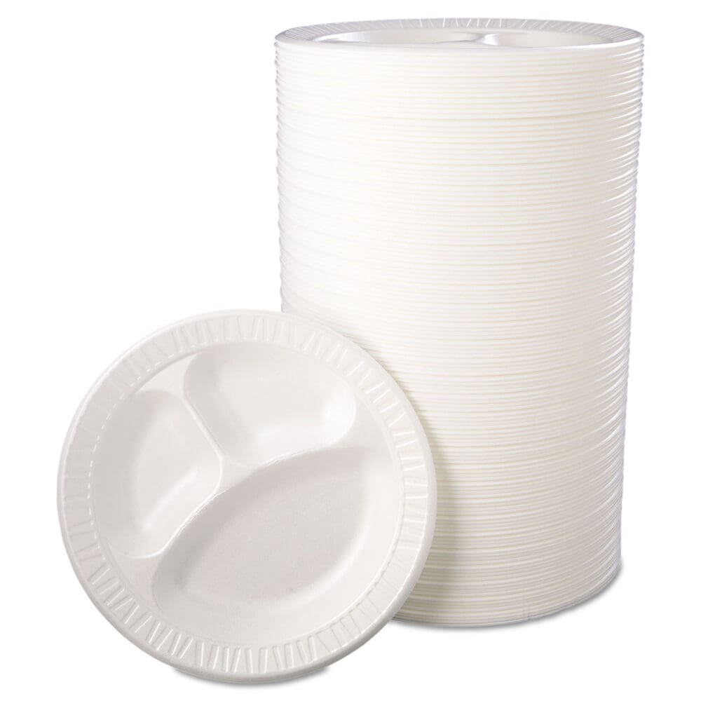 Quiet Class Laminated Foam Dinnerware, Plates, 3-Compartment, 10.25" dia, White, 125/Pack, 4 Packs/Carton - Image 5