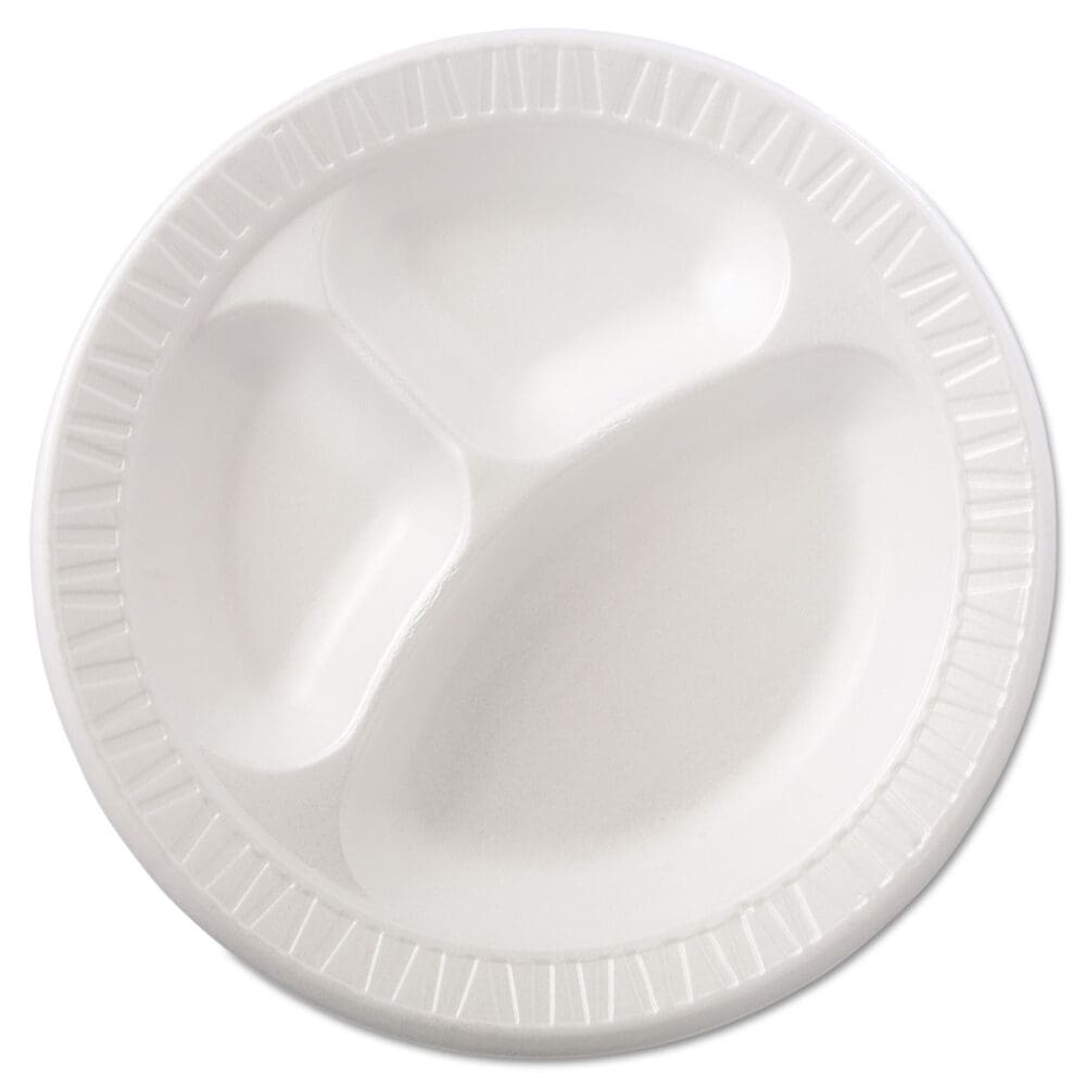 Quiet Class Laminated Foam Dinnerware, Plates, 3-Compartment, 10.25" dia, White, 125/Pack, 4 Packs/Carton - Image 4