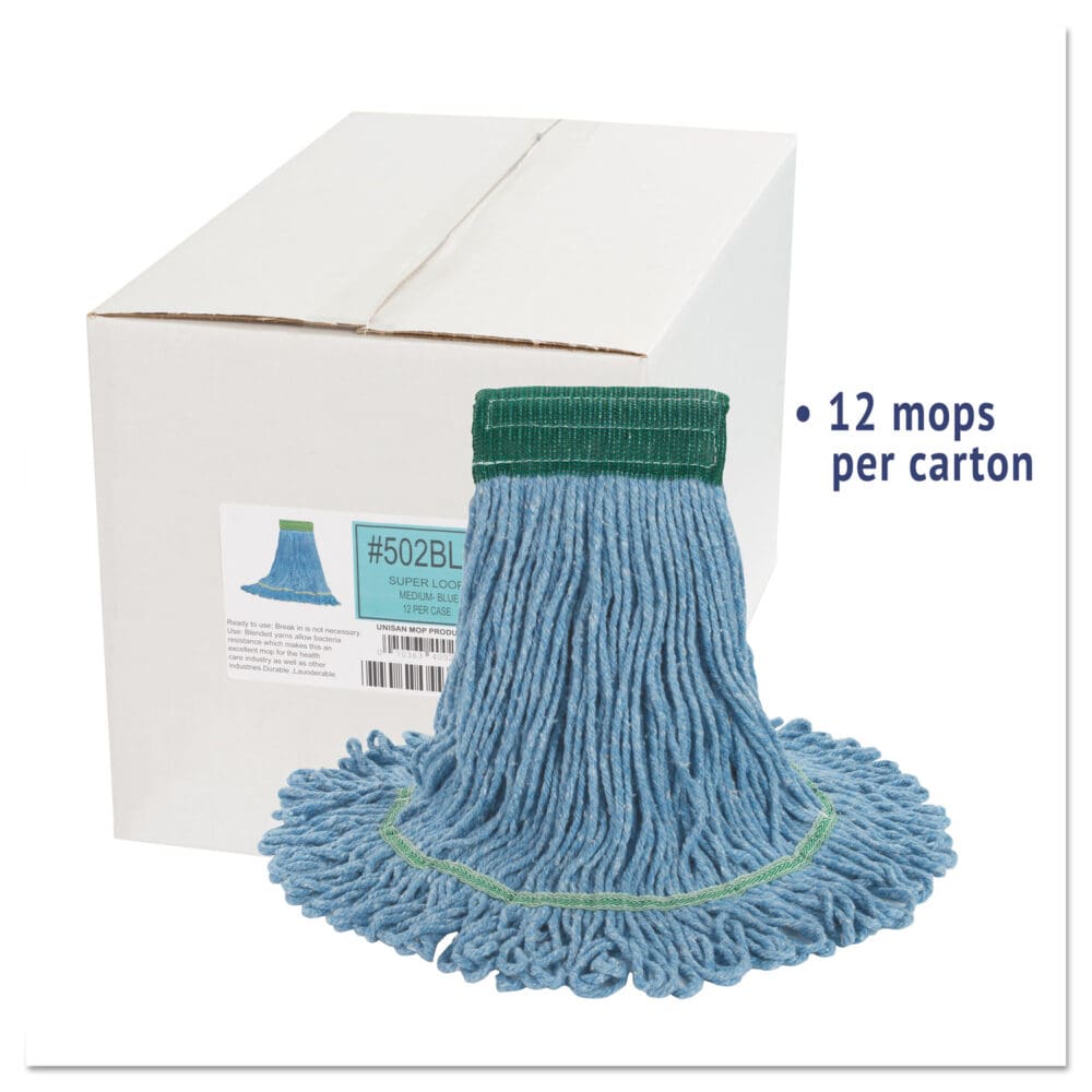 Super Loop Wet Mop Head, Cotton/Synthetic Fiber, 5" Headband, Medium Size, Blue, 12/Carton - Image 10