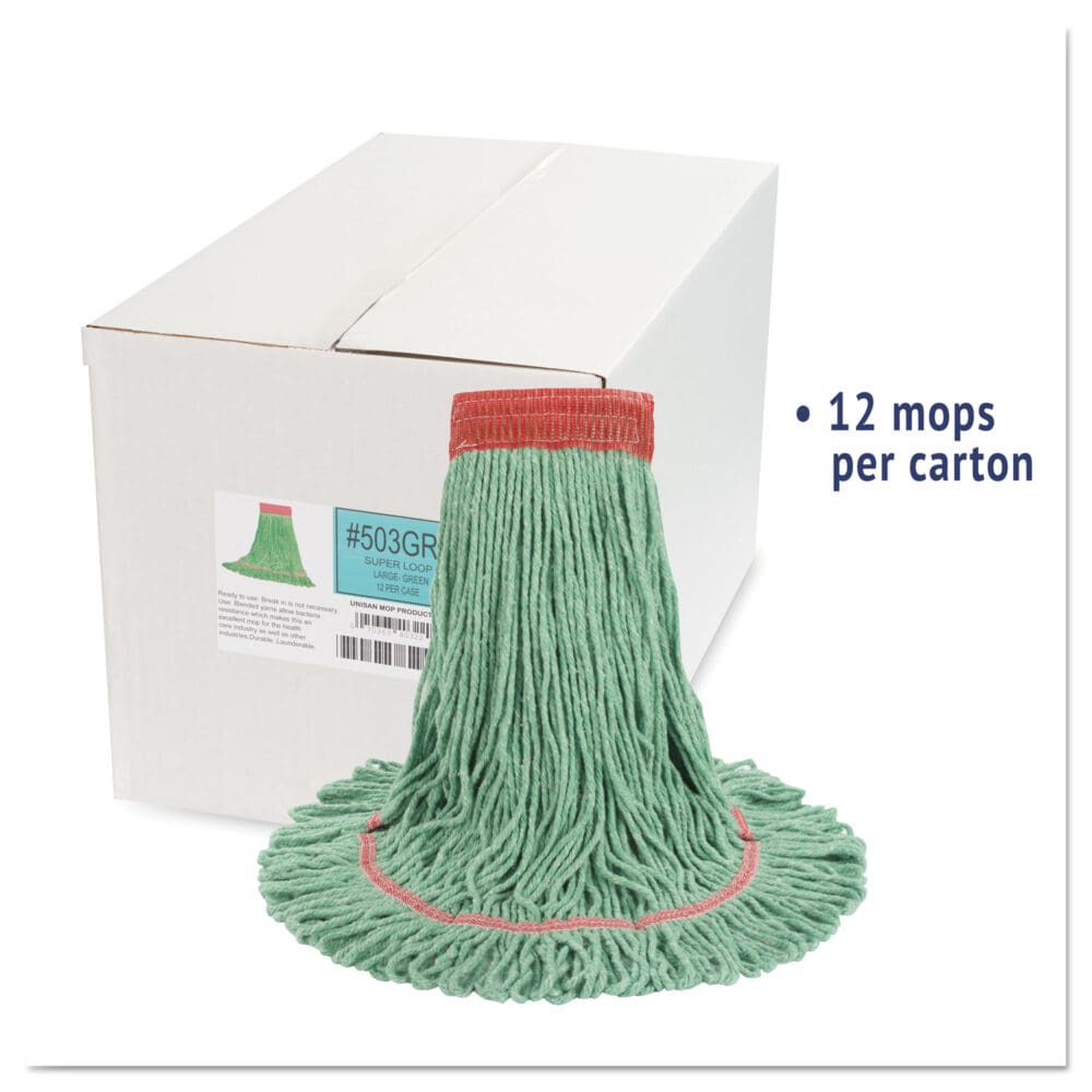 Super Loop Wet Mop Head, Cotton/Synthetic Fiber, 5" Headband, Large Size, Green, 12/Carton - Image 10