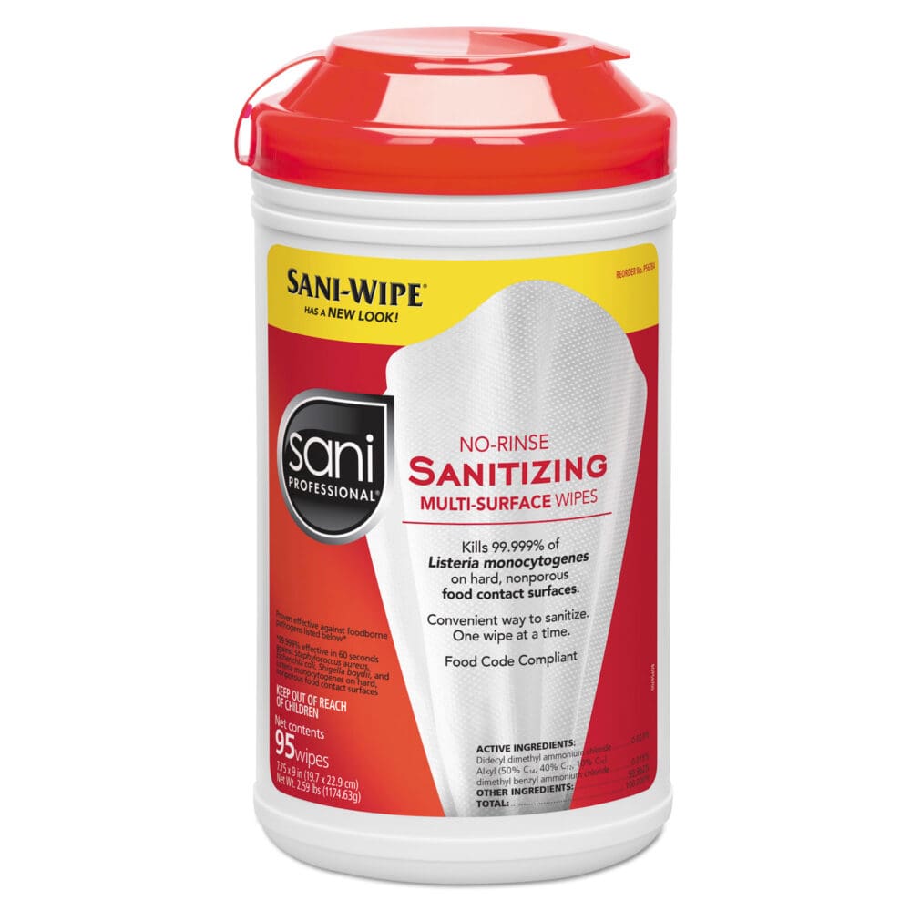 No-Rinse Sanitizing Multi-Surface Wipes, Unscented, White, 95/Container