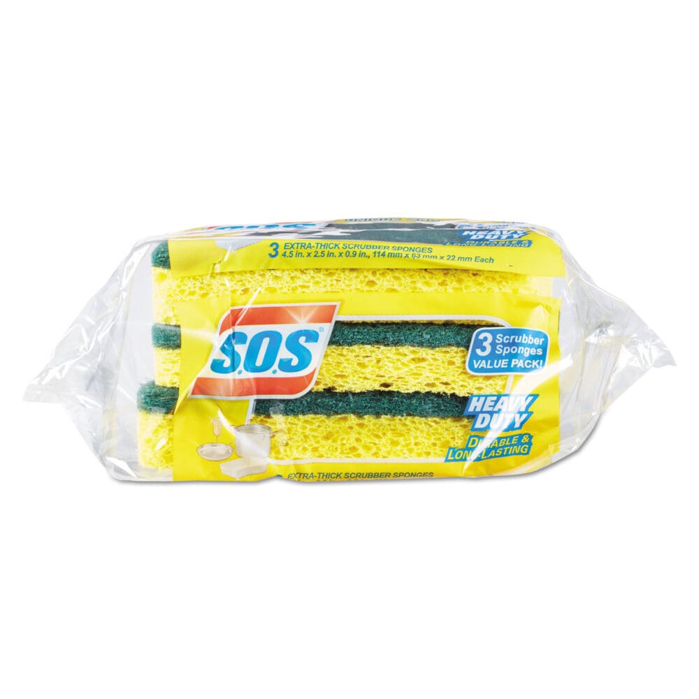 Heavy Duty Scrubber Sponge, 2.5 x 4.5, 0.9" Thick, Yellow/Green, 3/Pack, 8 Packs/Carton - Image 3