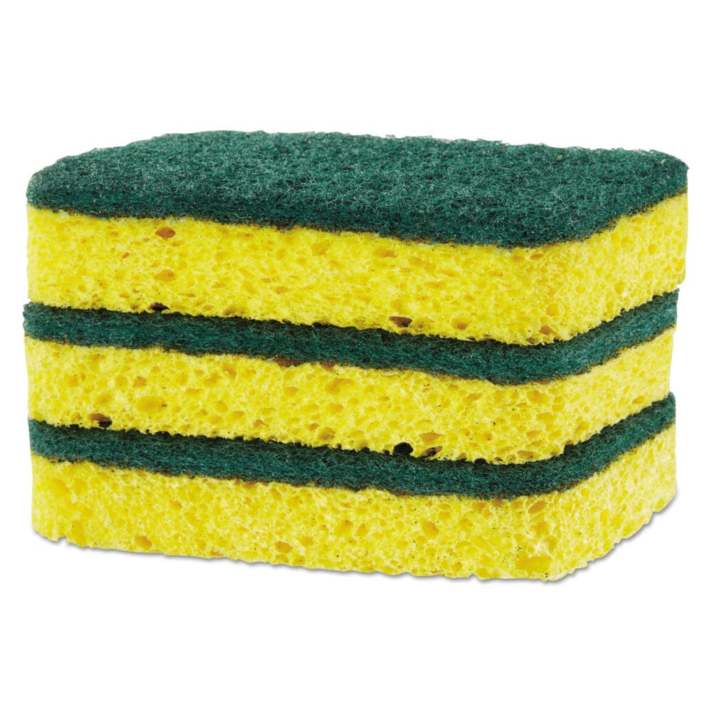 Heavy Duty Scrubber Sponge, 2.5 x 4.5, 0.9" Thick, Yellow/Green, 3/Pack, 8 Packs/Carton - Image 5