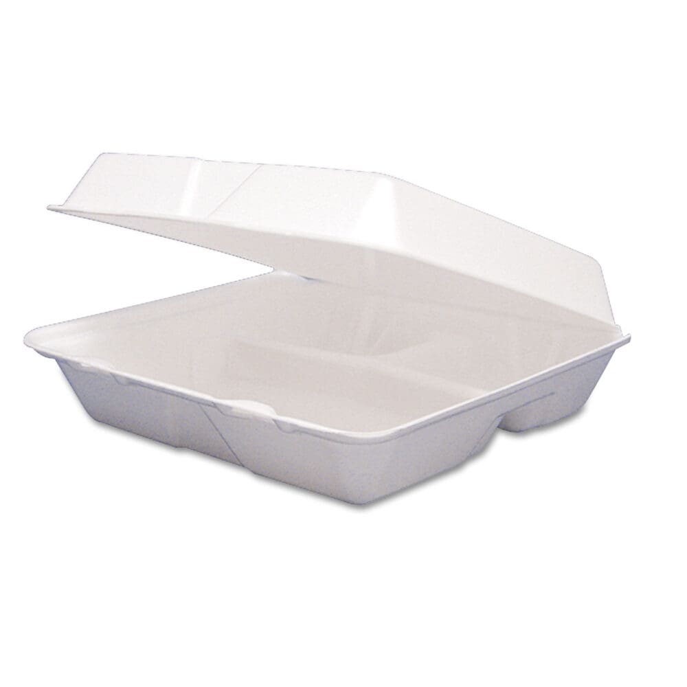 Foam Hinged Lid Containers, 3-Compartment, 9.25 x 9.5 x 3, White, 200/Carton - Image 3