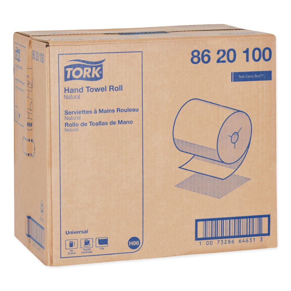 Universal Hand Towel Roll, Notched, 1-Ply, 8" x 425 ft, Natural, 12 Rolls/Carton - Image 2