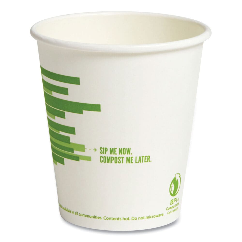 Eco-ID Compostable Paper Hot Cups, 10 oz, White/Green, 50/Pack - Image 2