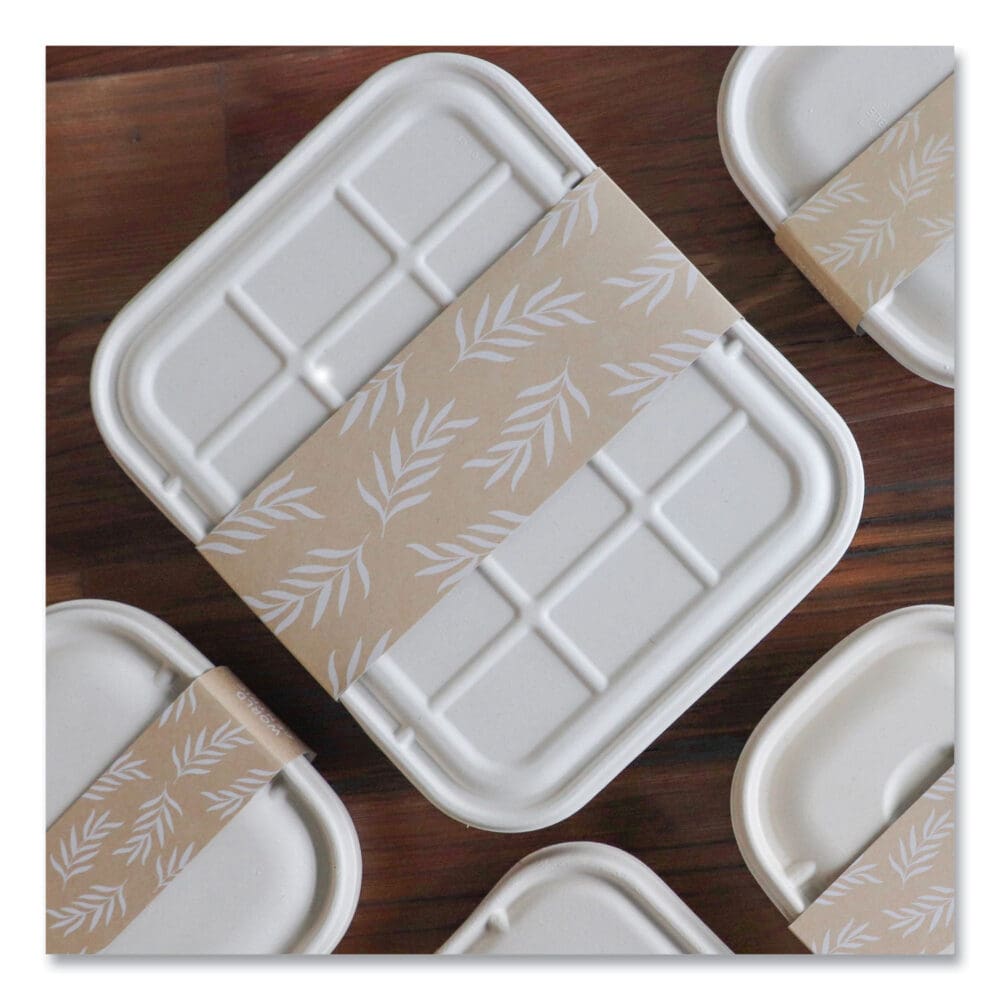 Fiber Container Sleeves, World Centric Leaf Design, 7.5" x 10" x 3.25", Natural, Paper, 800/Carton - Image 8