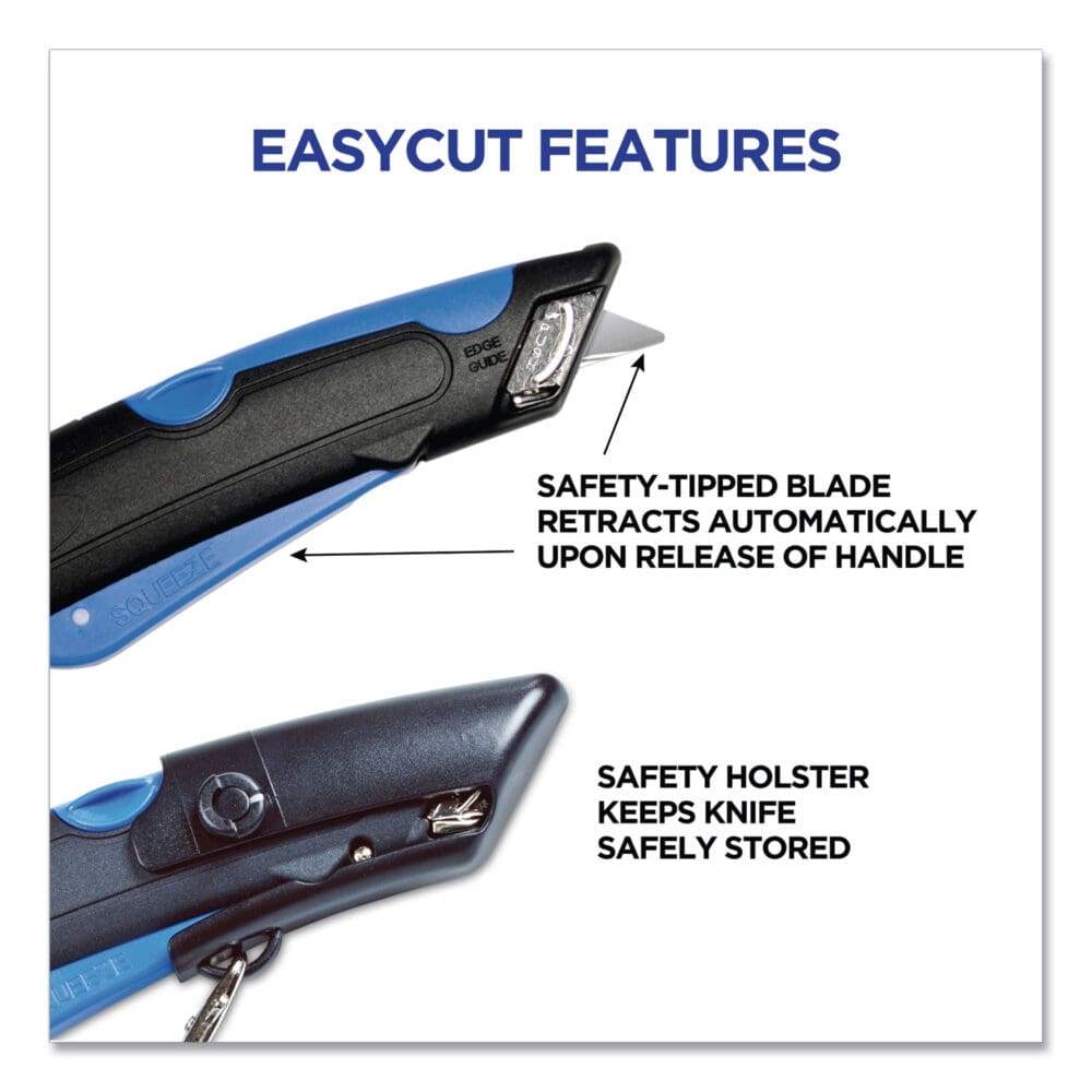 Easycut Self-Retracting Cutter with Safety-Tip Blade, Holster and Lanyard, 6" Plastic Handle, Black/Blue - Image 7