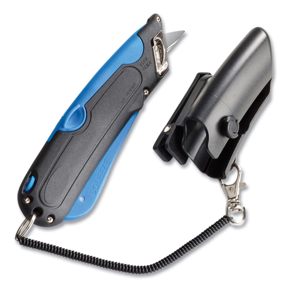 Easycut Self-Retracting Cutter with Safety-Tip Blade, Holster and Lanyard, 6" Plastic Handle, Black/Blue - Image 2