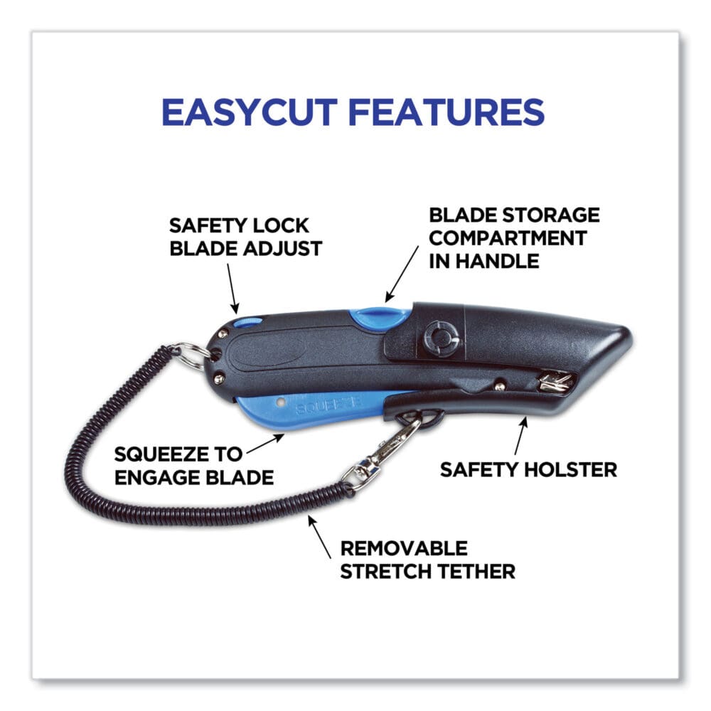 Easycut Self-Retracting Cutter with Safety-Tip Blade, Holster and Lanyard, 6" Plastic Handle, Black/Blue - Image 6