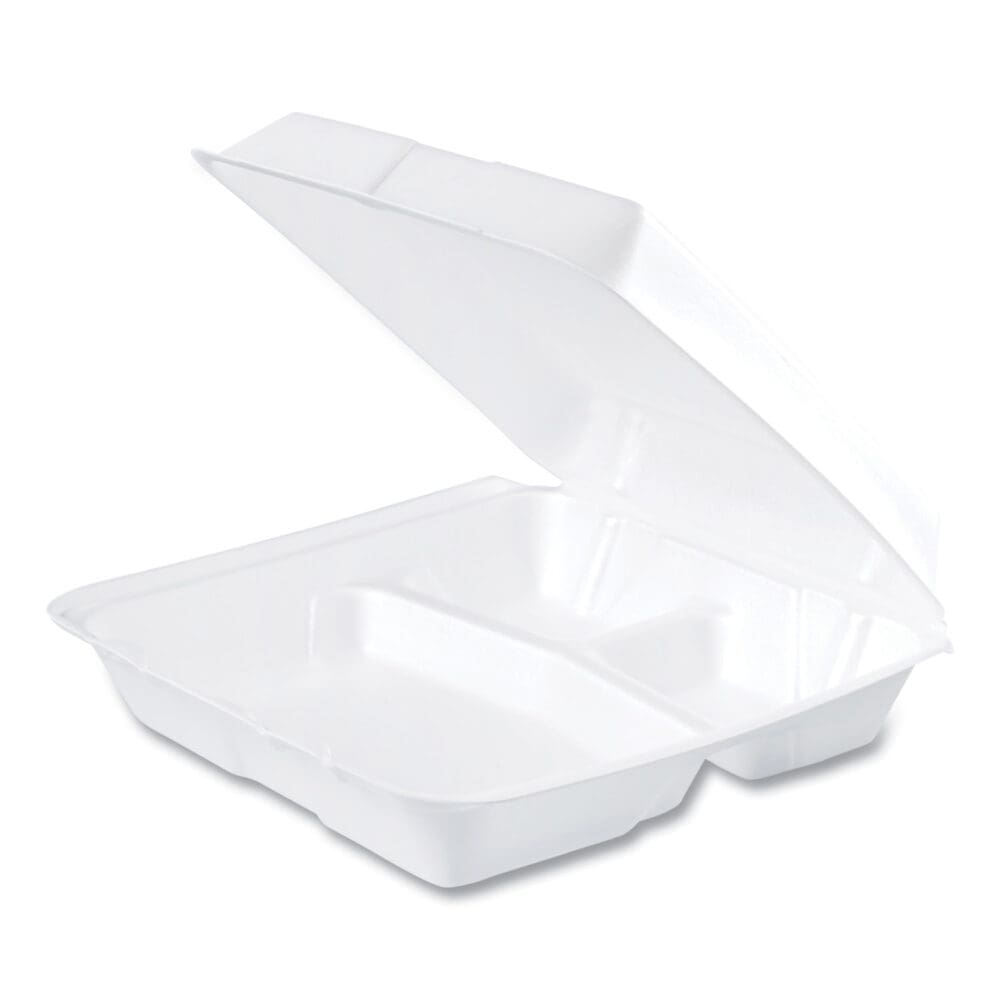 Foam Hinged Lid Containers, 3-Compartment, 9.25 x 9.5 x 3, White, 200/Carton - Image 8