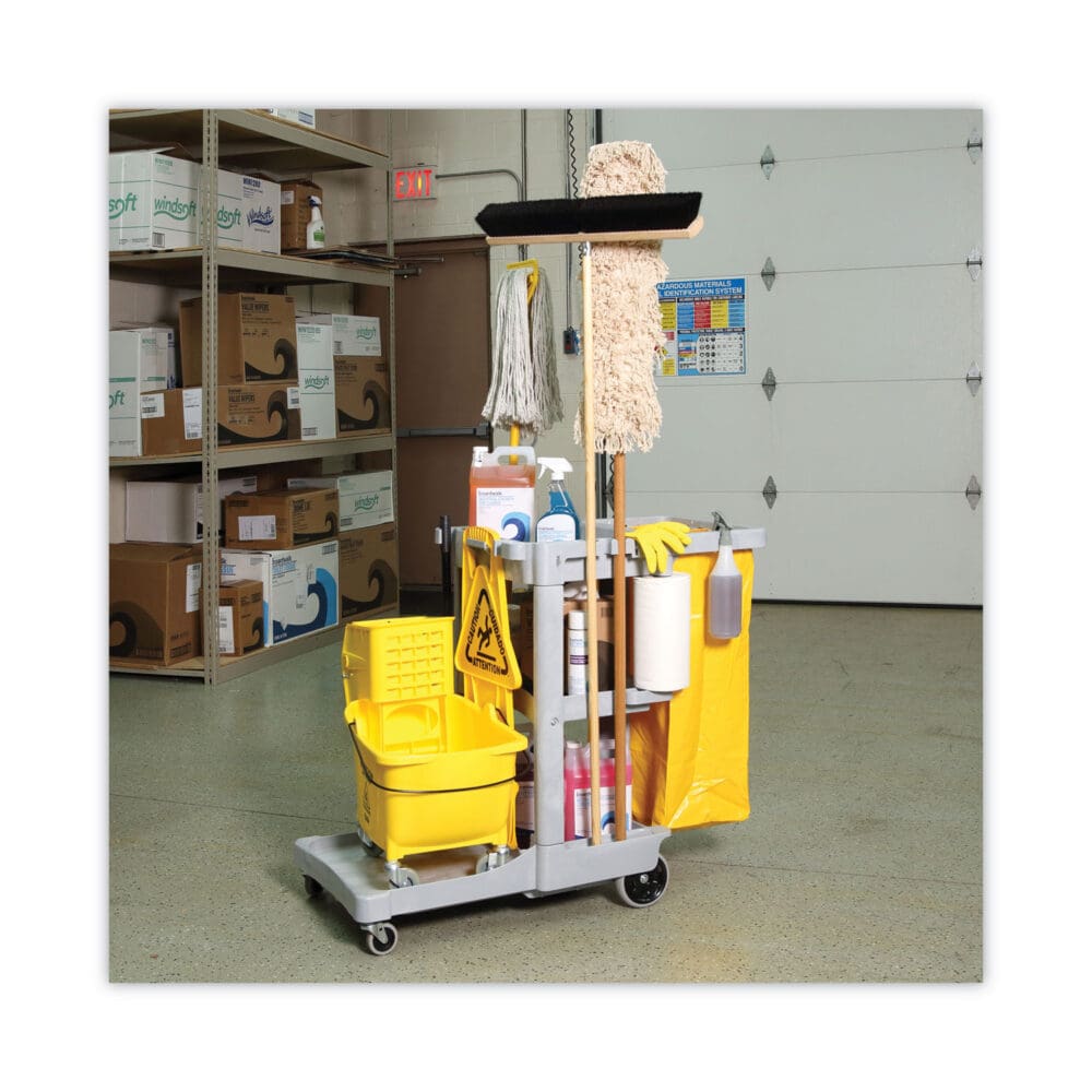 Janitor's Cart, Plastic, 4 Shelves, 1 Bin, 22" x 44" x 38", Gray - Image 6