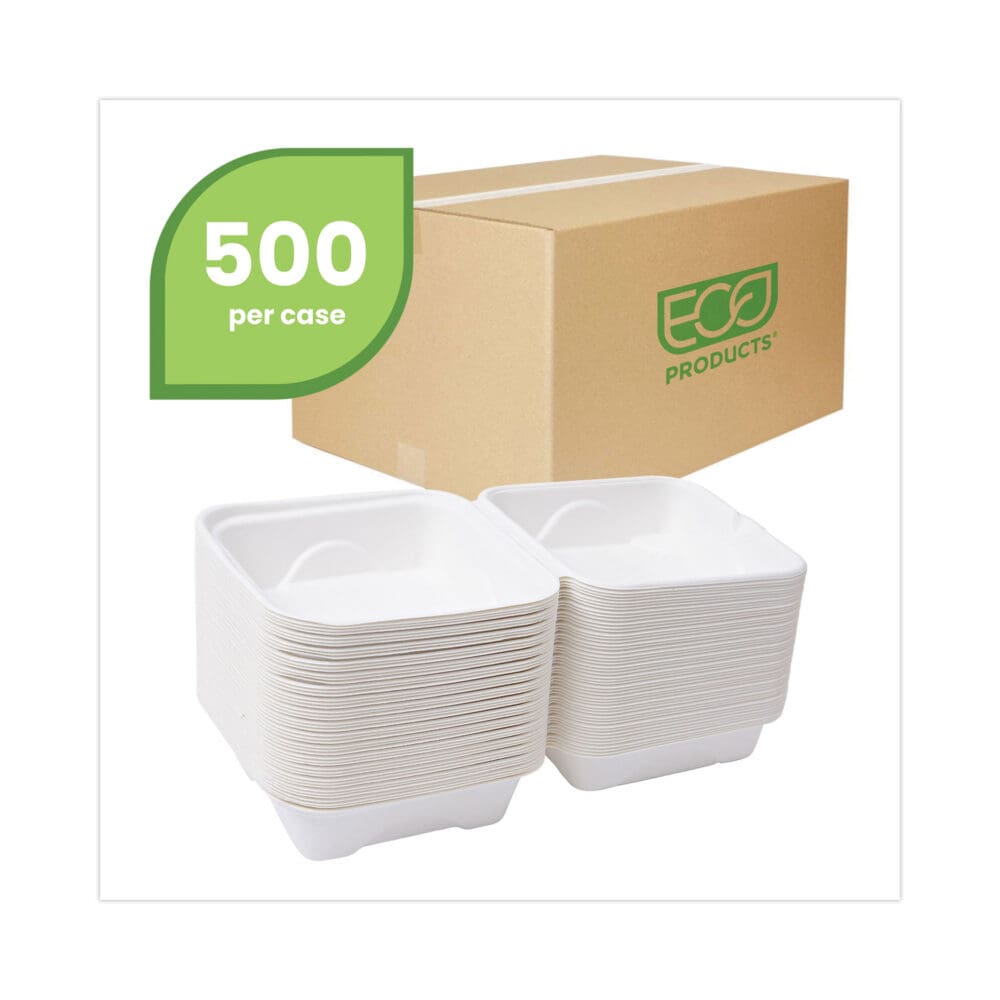 Bagasse Hinged Clamshell Containers, 6 x 6 x 3, White, Sugarcane, 50/Pack, 10 Packs/Carton - Image 2