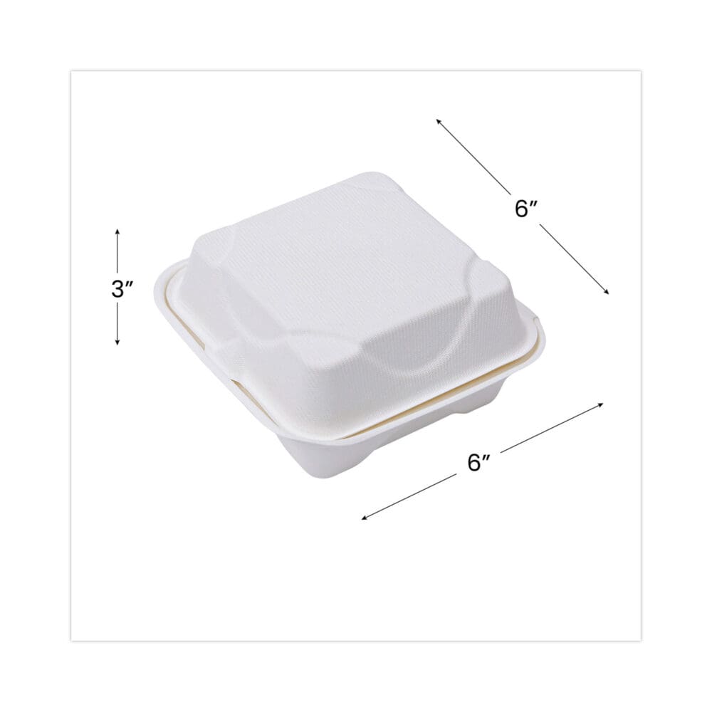 Bagasse Hinged Clamshell Containers, 6 x 6 x 3, White, Sugarcane, 50/Pack, 10 Packs/Carton - Image 3