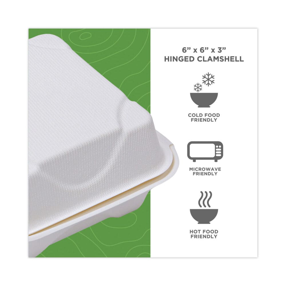 Bagasse Hinged Clamshell Containers, 6 x 6 x 3, White, Sugarcane, 50/Pack, 10 Packs/Carton - Image 4