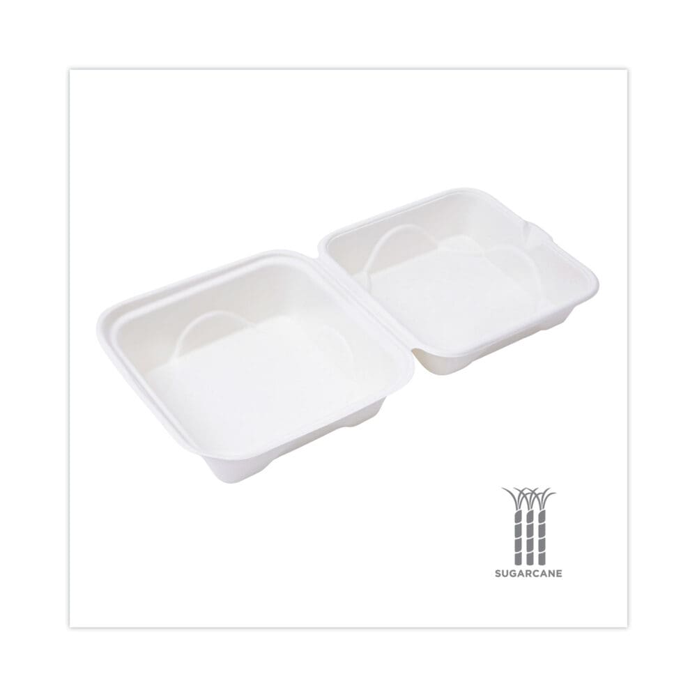 Bagasse Hinged Clamshell Containers, 6 x 6 x 3, White, Sugarcane, 50/Pack, 10 Packs/Carton - Image 5