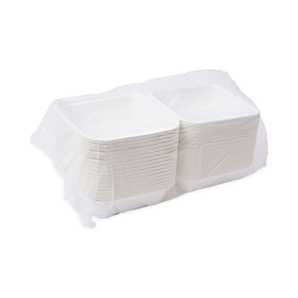 Bagasse Hinged Clamshell Containers, 6 x 6 x 3, White, Sugarcane, 50/Pack, 10 Packs/Carton - Image 6