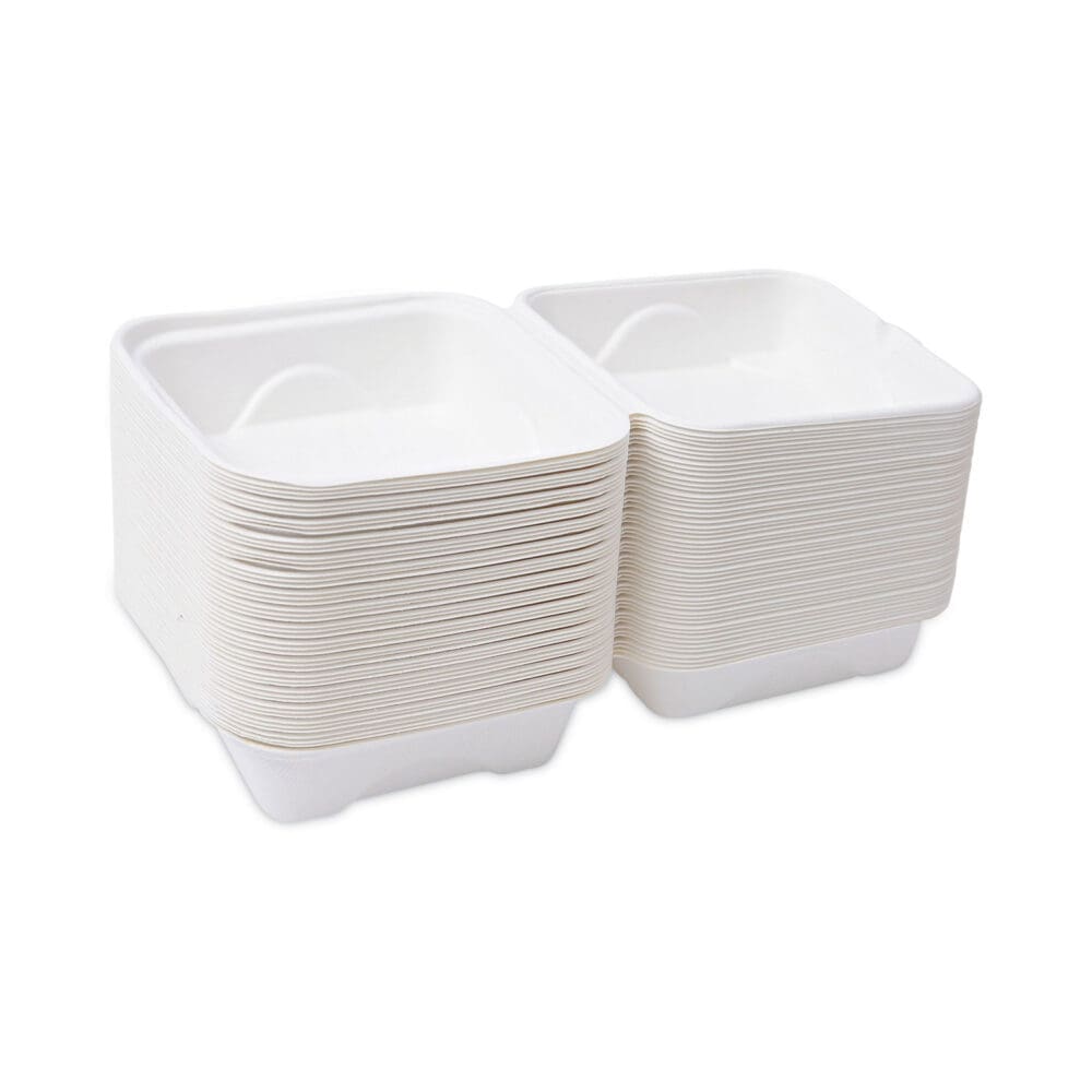 Bagasse Hinged Clamshell Containers, 6 x 6 x 3, White, Sugarcane, 50/Pack, 10 Packs/Carton - Image 7