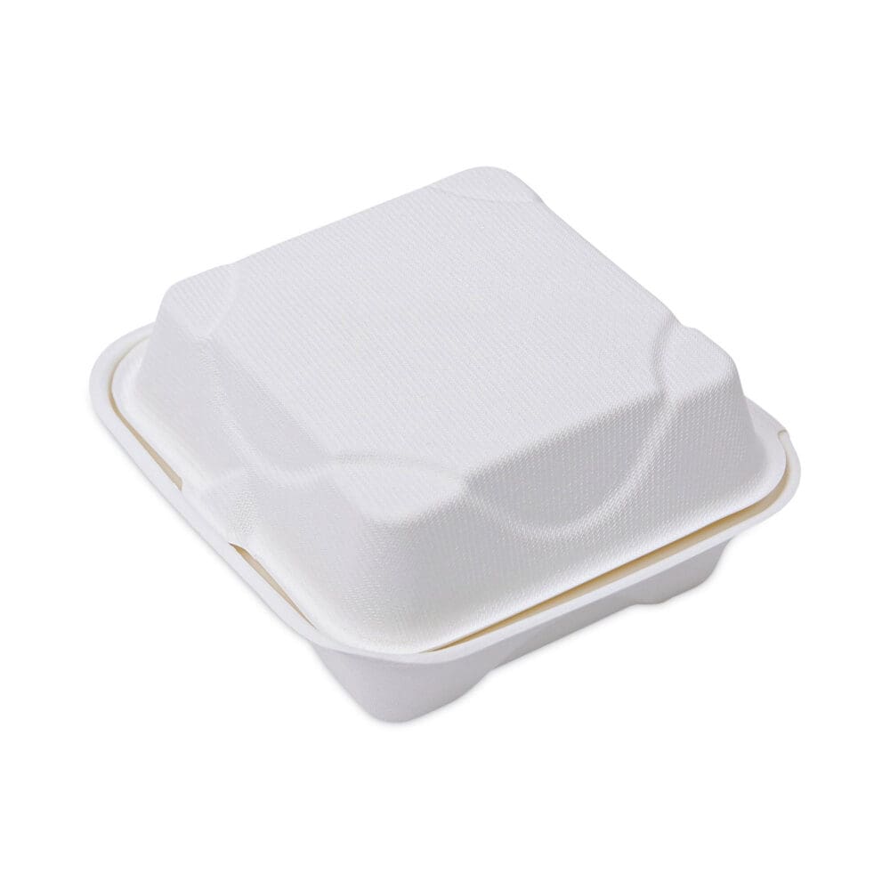 Bagasse Hinged Clamshell Containers, 6 x 6 x 3, White, Sugarcane, 50/Pack, 10 Packs/Carton - Image 8