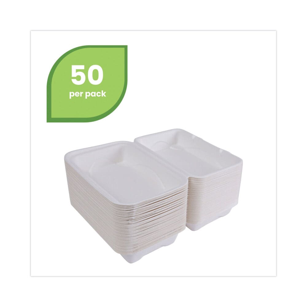 Bagasse Hinged Clamshell Containers, 6 x 6 x 3, White, Sugarcane, 50/Pack, 10 Packs/Carton - Image 9