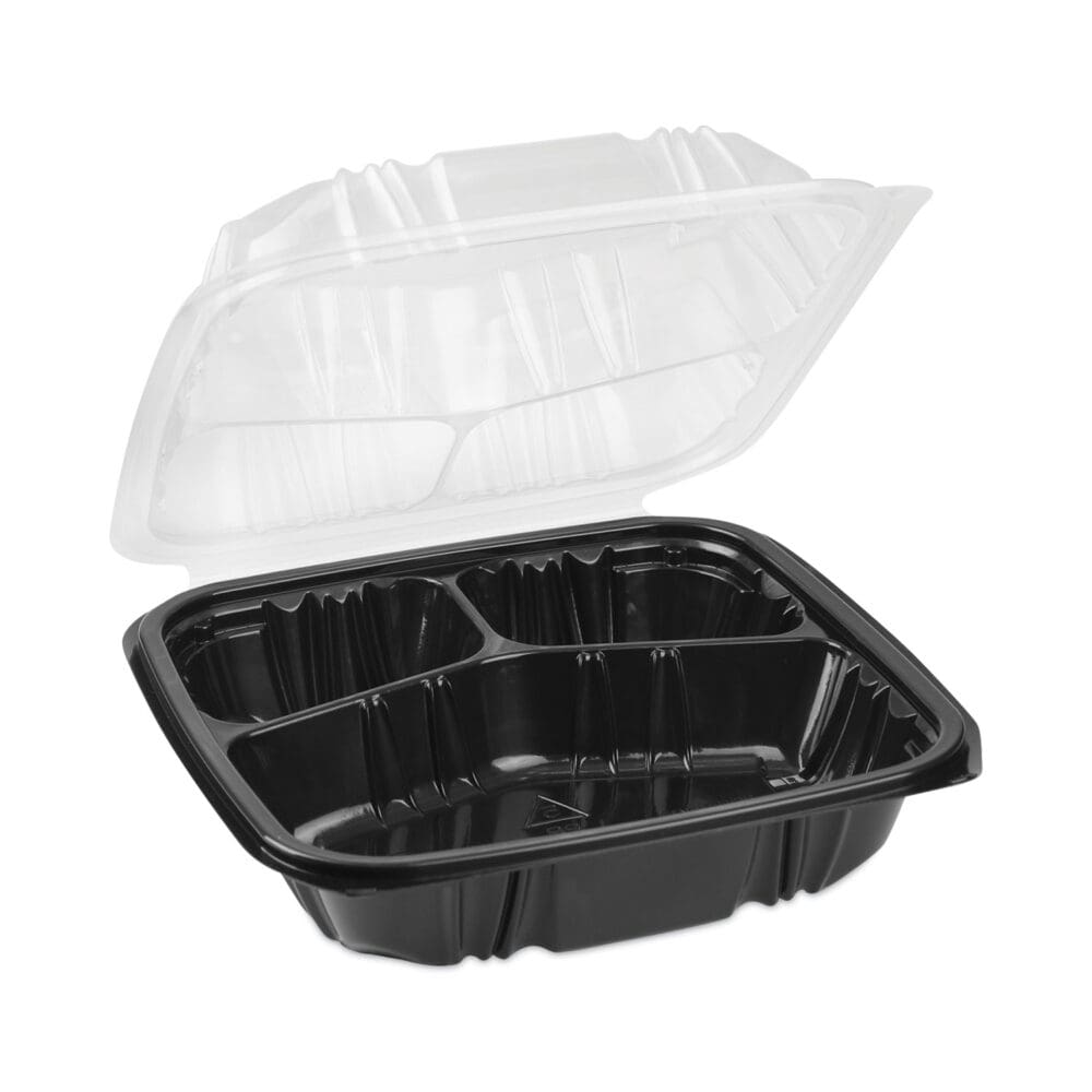 EarthChoice Vented Dual Color Microwavable Hinged Lid Container, 33oz, 8.5x8.5x3, 3-Compartment, Black/Clear, Plastic, 150/CT - Image 10