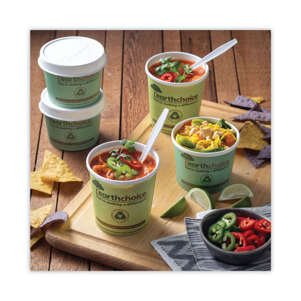 EarthChoice Compostable Soup Cup Lid, For 8-16 oz Soup Cups, 4" Diameter, White, Sugarcane, 500/Carton - Image 4