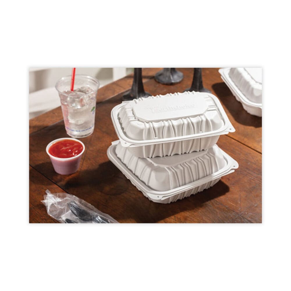 EarthChoice Vented Microwavable MFPP Hinged Lid Container, 9 x 6 x 3.1, White, Plastic, 170/Carton - Image 6