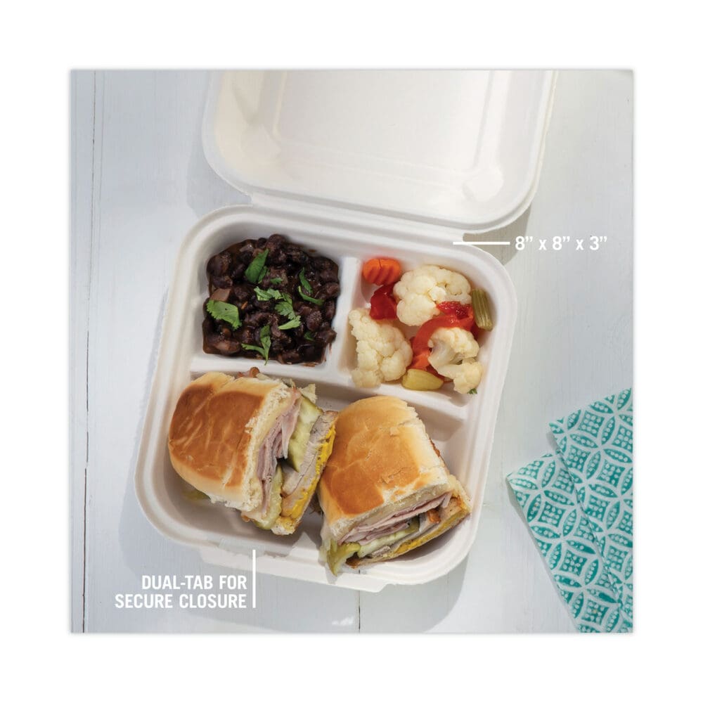 EarthChoice Bagasse Hinged Lid Container, 3-Compartment, Dual Tab Lock, 7.8 x 7.8 x 2.8, Natural, Sugarcane, 150/Carton - Image 5