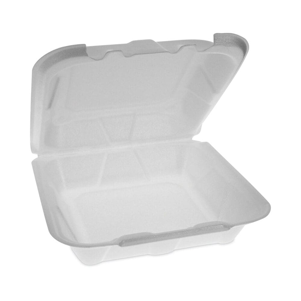 Vented Foam Hinged Lid Container, Dual Tab Lock Economy, 8.42 x 8.15 x 3, White, 150/Carton - Image 6