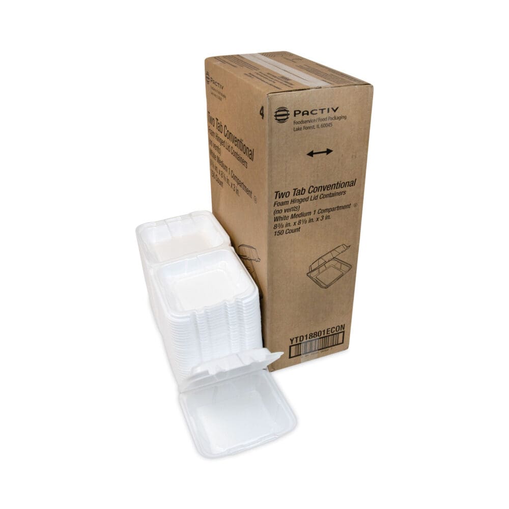 Vented Foam Hinged Lid Container, Dual Tab Lock Economy, 8.42 x 8.15 x 3, White, 150/Carton - Image 4