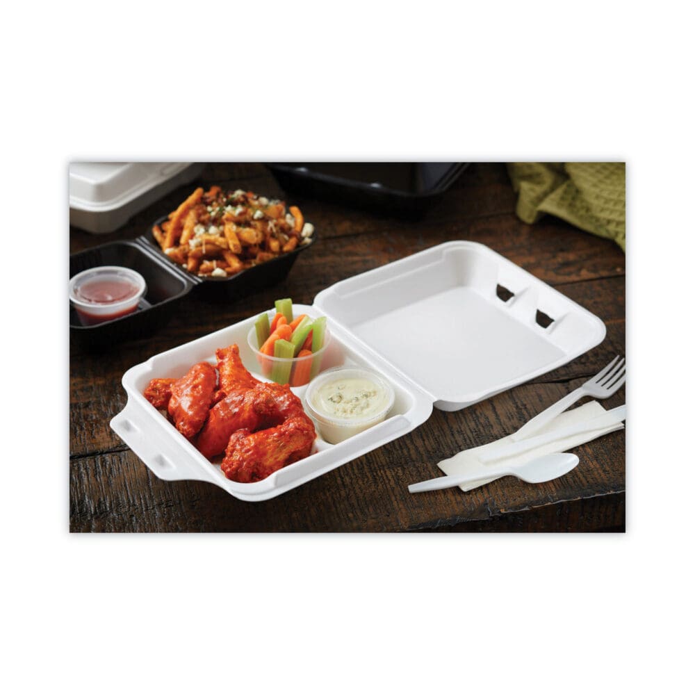 Vented Foam Hinged Lid Container, Dual Tab Lock Economy, 3-Compartment, 8.42 x 8.15 x 3, White, 150/Carton - Image 4