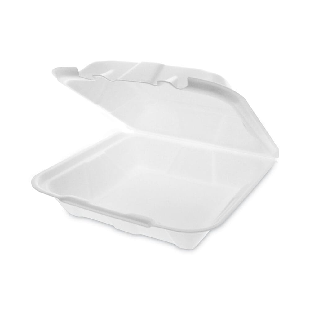 Vented Foam Hinged Lid Container, Dual Tab Lock Economy, 9.13 x 9 x 3.25, White, 150/Carton - Image 4