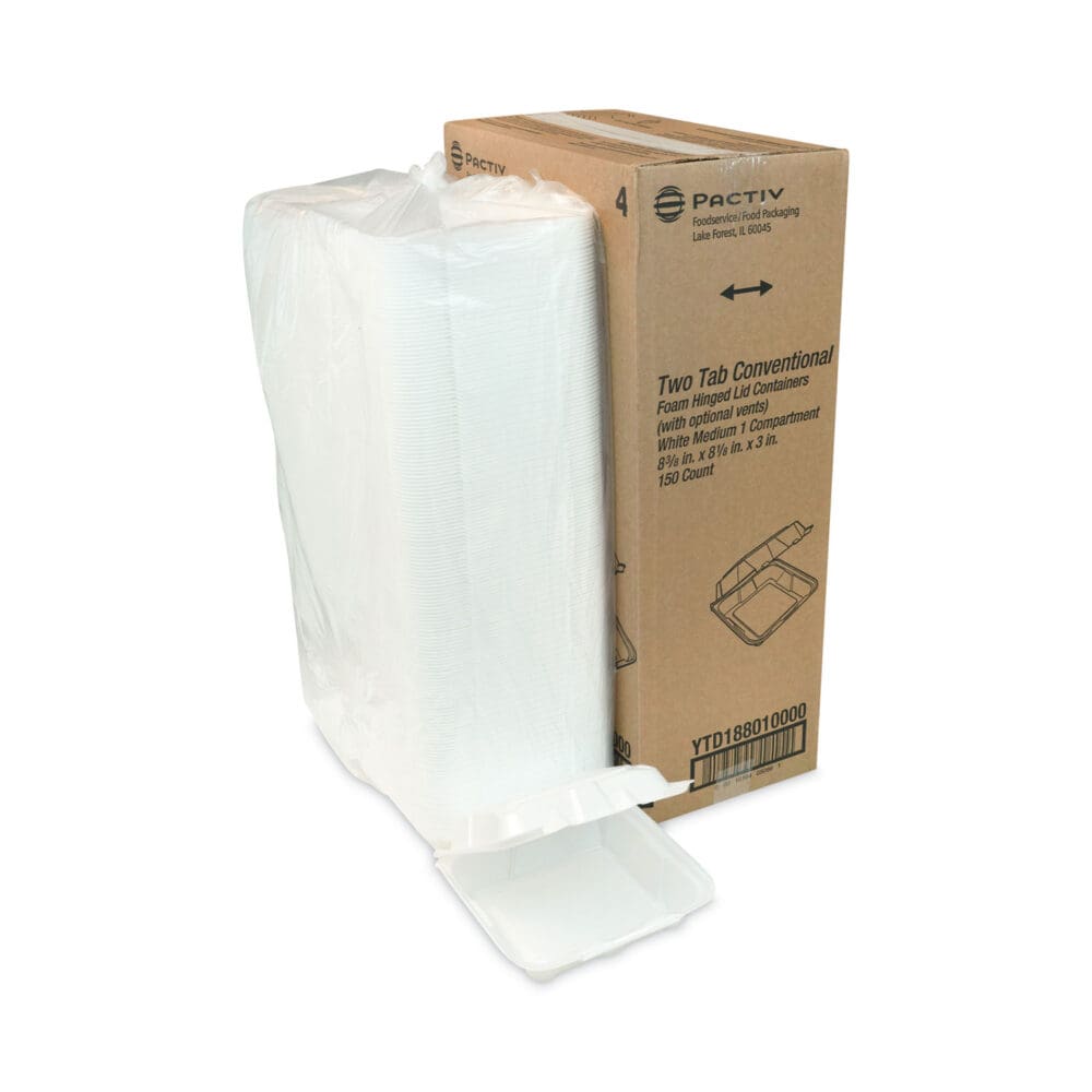 Vented Foam Hinged Lid Container, Dual Tab Lock, 8.42 x 8.15 x 3, White, 150/Carton - Image 4