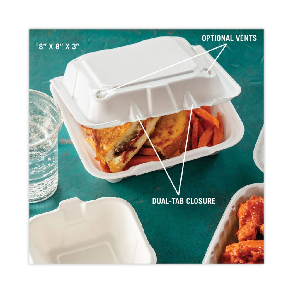 Vented Foam Hinged Lid Container, Dual Tab Lock, 8.42 x 8.15 x 3, White, 150/Carton - Image 7