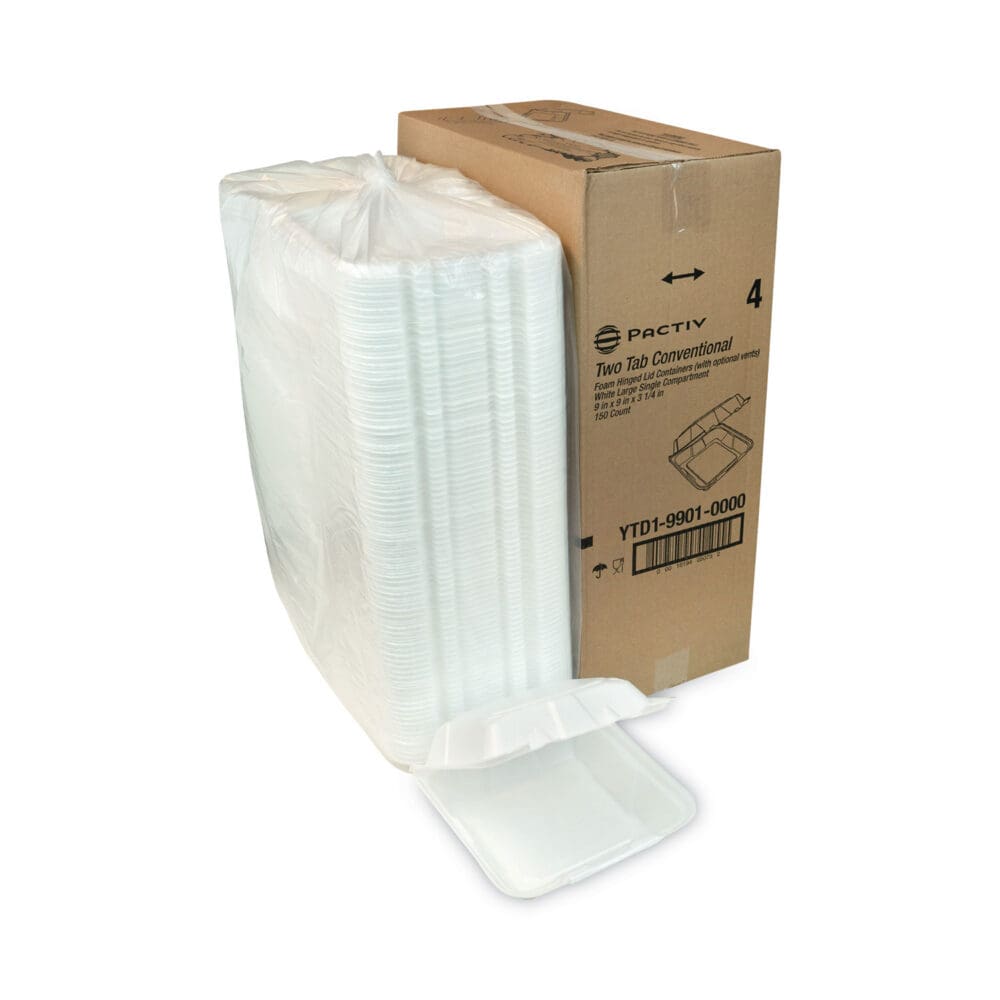 Vented Foam Hinged Lid Container, Dual Tab Lock, 9.13 x 9 x 3.25, White, 150/Carton - Image 4