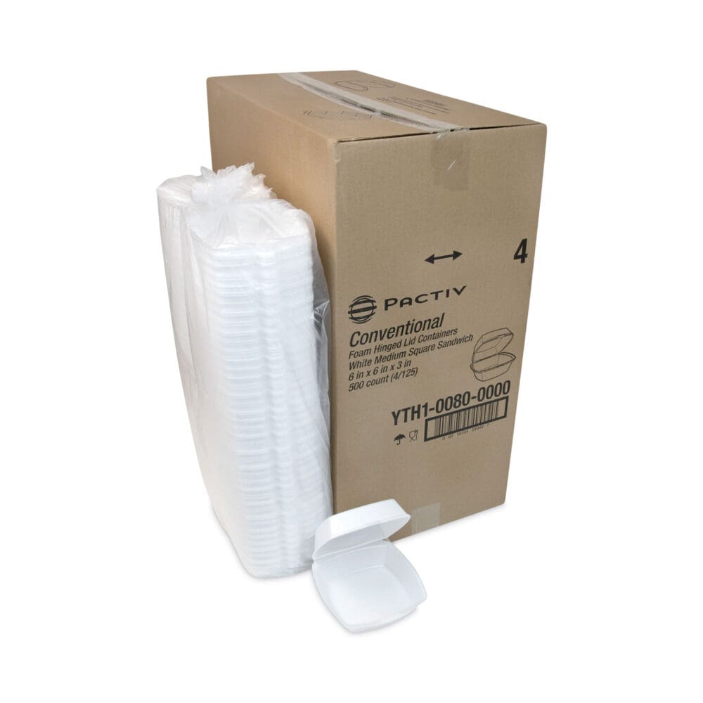 Foam Hinged Lid Container, Single Tab Lock, 6.38 x 6.38 x 3, White, 500/Carton - Image 4