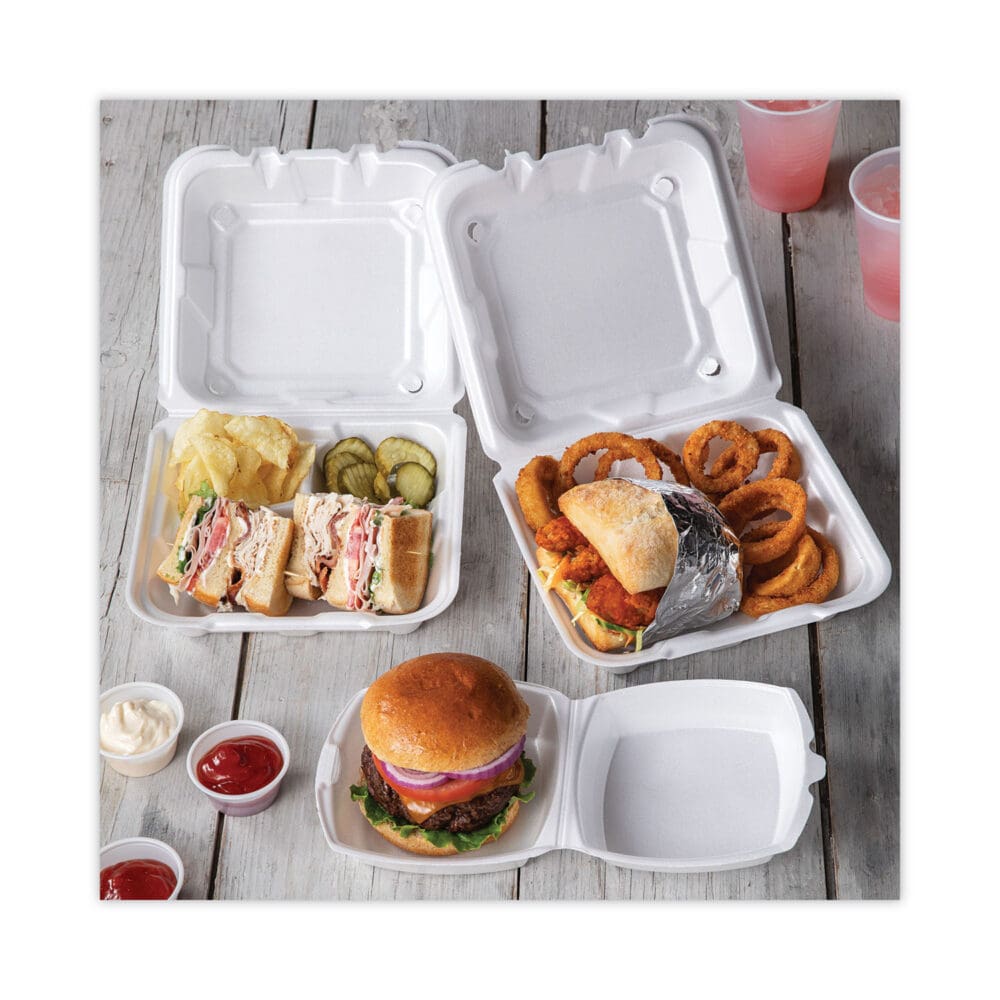 Foam Hinged Lid Container, Single Tab Lock, 6.38 x 6.38 x 3, White, 500/Carton - Image 5