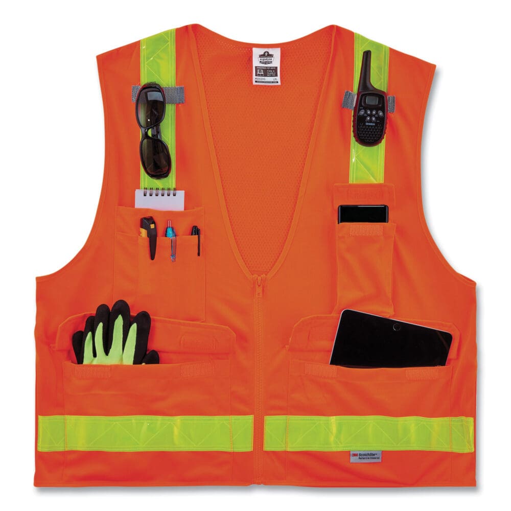 GloWear 8250ZHG Class 2 Hi-Gloss Surveyors Zipper Vest, Polyester, 4X-Large/5X-Large, Orange, Ships in 1-3 Business Days - Image 2