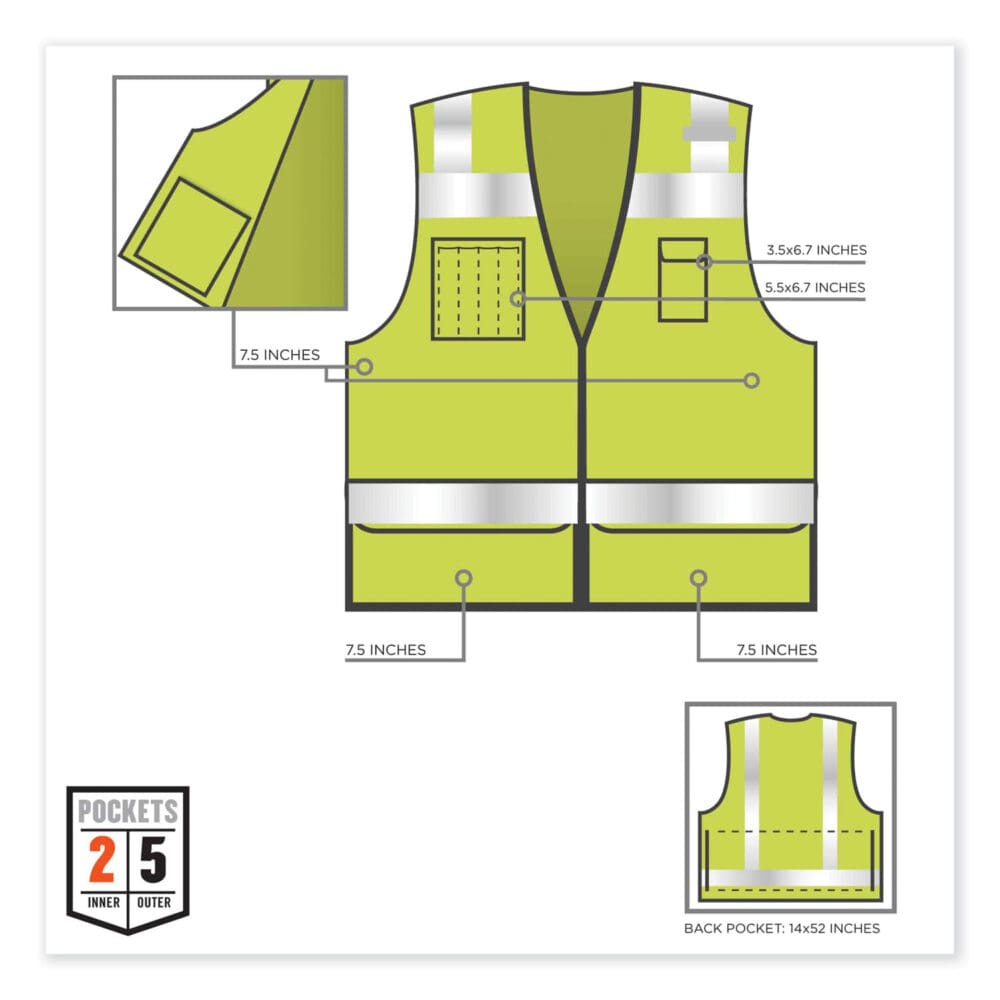 GloWear 8253HDZ Class 2 Heavy-Duty Mesh Surveyors Vest, Polyester, Large/X-Large, Lime, Ships in 1-3 Business Days - Image 3