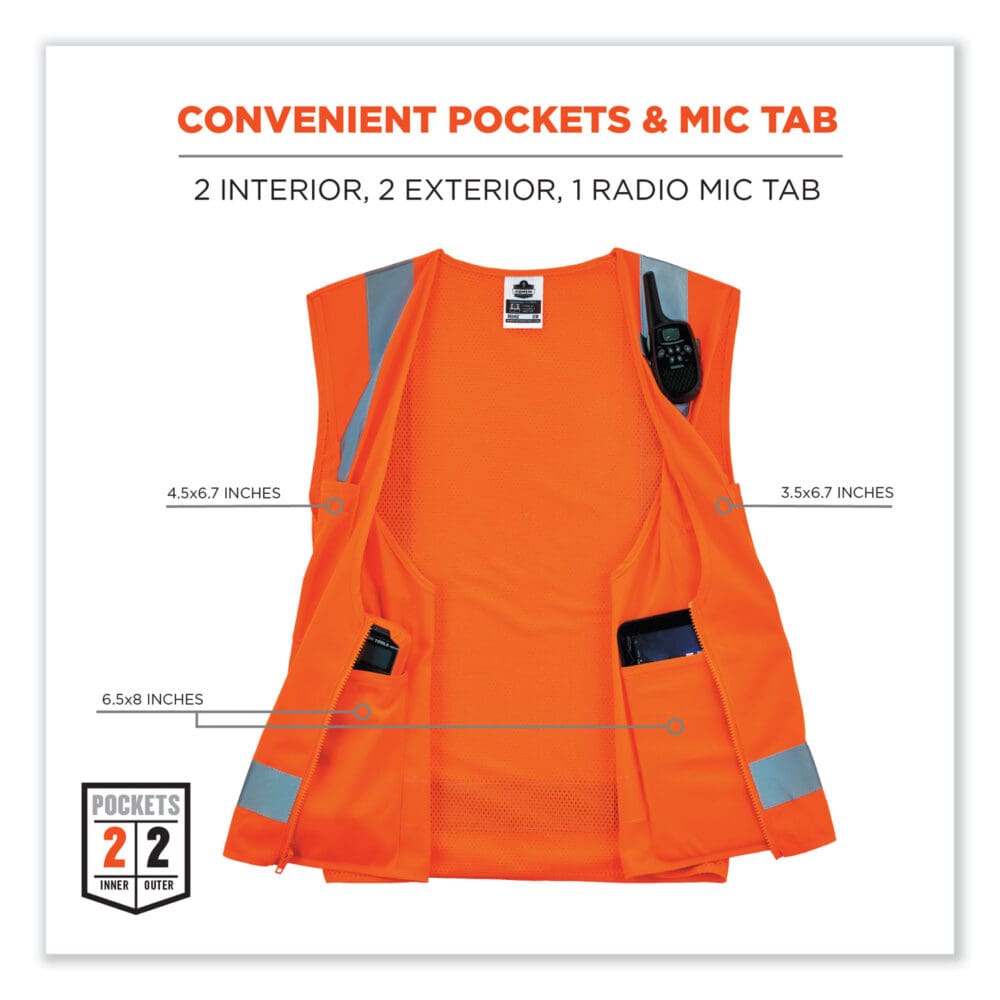 GloWear 8249Z Class 2 Economy Surveyors Zipper Vest, Polyester, Small/Medium, Orange, Ships in 1-3 Business Days - Image 4