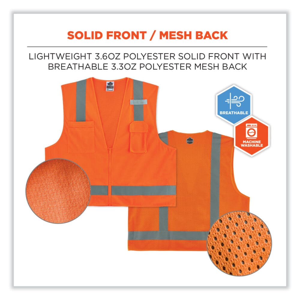 GloWear 8249Z Class 2 Economy Surveyors Zipper Vest, Polyester, Small/Medium, Orange, Ships in 1-3 Business Days - Image 5