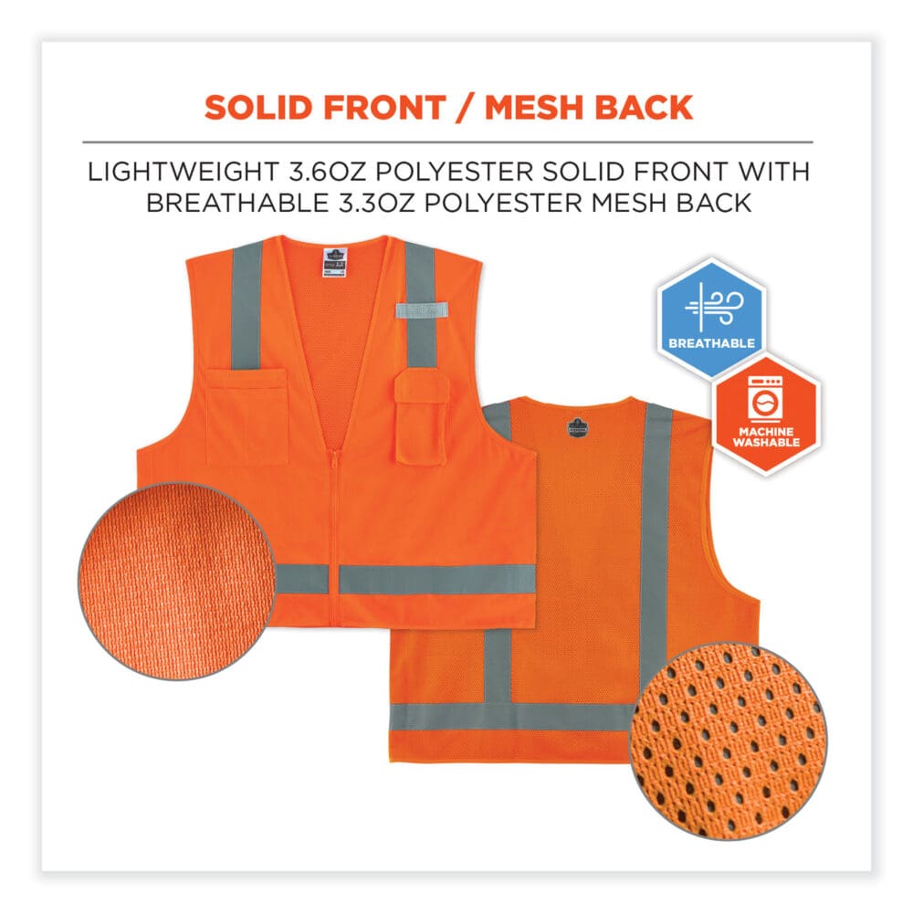 GloWear 8249Z Class 2 Economy Surveyors Zipper Vest, Polyester, Large/X-Large, Orange, Ships in 1-3 Business Days - Image 5