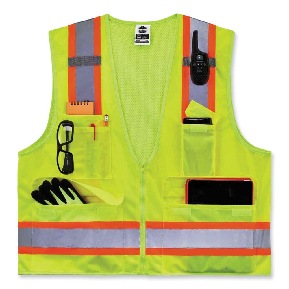 GloWear 8248Z Class 2 Two-Tone Surveyors Zipper Vest, Polyester, Small/Medium, Lime, Ships in 1-3 Business Days - Image 3