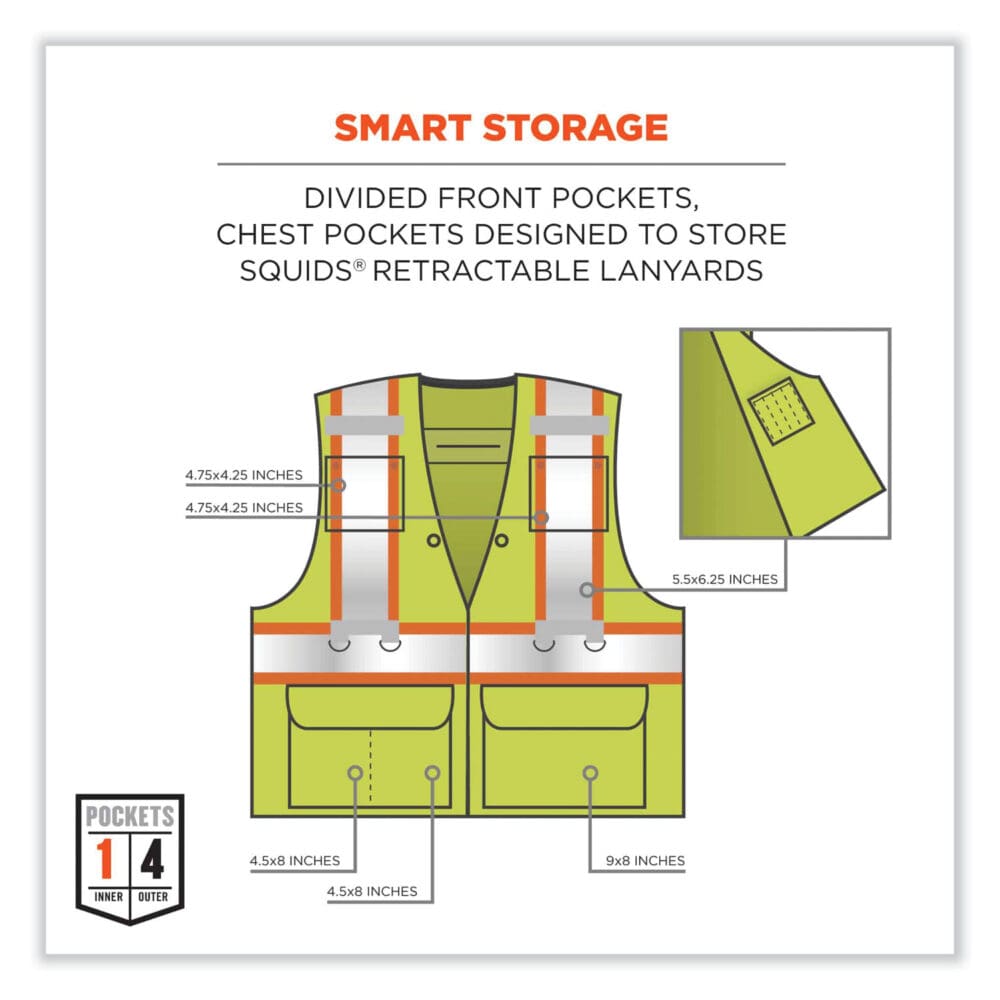 GloWear 8231TV Class 2 Hi-Vis Tool Tethering Safety Vest, Polyester, Large/X-Large, Lime, Ships in 1-3 Business Days - Image 6