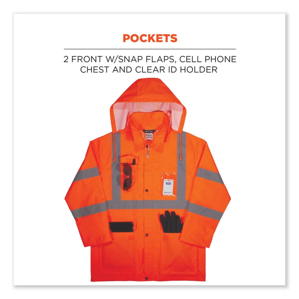 GloWear 8366 Class 3 Lightweight Hi-Vis Rain Jacket, Polyester, Medium, Orange, Ships in 1-3 Business Days - Image 5