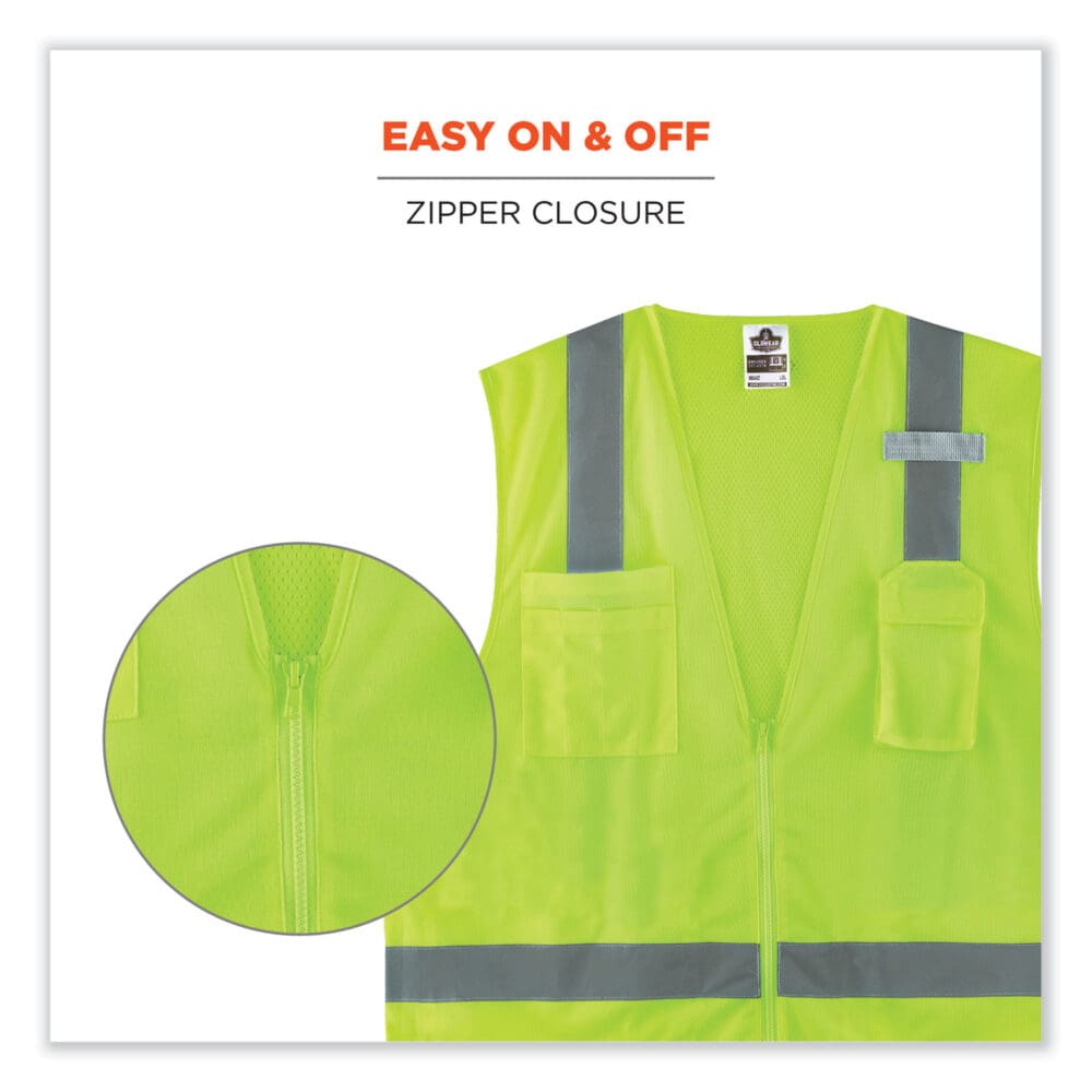 GloWear 8249Z-S Single Size Class 2 Economy Surveyors Zipper Vest, Polyester, Medium, Lime, Ships in 1-3 Business Days - Image 6